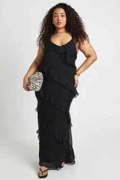 Robe Longue À Volants En Mousseline Avec Bretelles Grande Taille