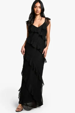 Robe Longue À Volants En Mousseline Avec Bretelles