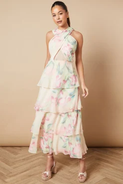 Robe Longue à Volants en Mousseline à Col Licou et Imprimé Floral