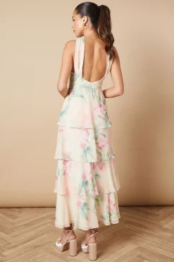 Robe Longue à Volants en Mousseline à Col Licou et Imprimé Floral