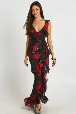Robe Longue À Volants Superposés En Mousseline Fleurie