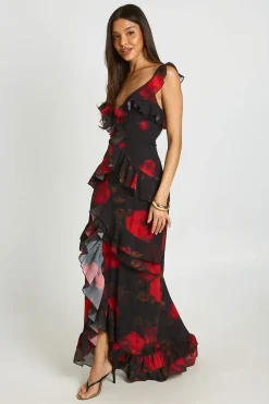 Robe Longue À Volants Superposés En Mousseline Fleurie