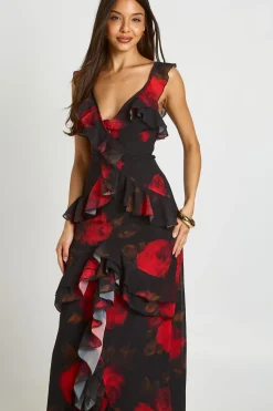 Robe Longue À Volants Superposés En Mousseline Fleurie