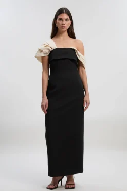 Robe Maxi Ajustée en Mélange de Taffetas avec Manche Contrastante Spectaculaire