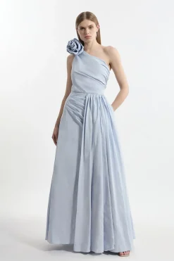 KarenMillen Robe maxi ajustée en taffetas Petite à col rosette, plissée et froncée<Femme Tailleurs|Toutes Les Robes