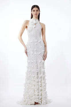 Robe Maxi à Appliqués Floraux et Rosettes Tissées