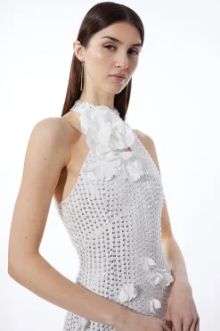 Robe Maxi à Appliqués Floraux et Rosettes Tissées