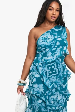 Robe Maxi Asymétrique en Chiffon à Imprimé Carrelé Plus