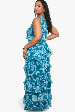 Robe Maxi Asymétrique en Chiffon à Imprimé Carrelé Plus