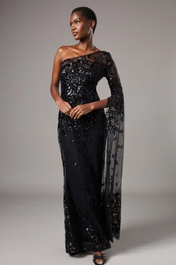 Robe Maxi Asymétrique En Dentelle Avec Manche Cape