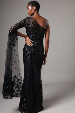 Robe Maxi Asymétrique En Dentelle Avec Manche Cape