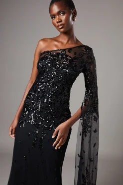 Robe Maxi Asymétrique En Dentelle Avec Manche Cape
