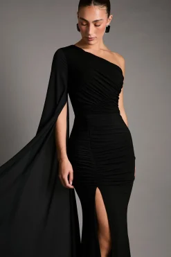 Robe Maxi Asymétrique en Jersey Soyeux avec Détails Froncés