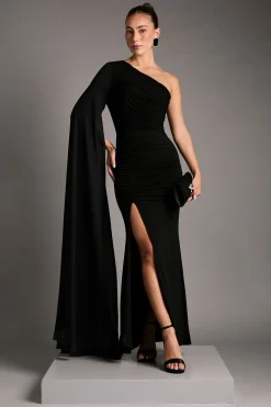 Robe Maxi Asymétrique en Jersey Soyeux avec Détails Froncés