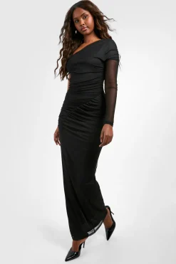 Robe maxi asymétrique en mesh à fronces