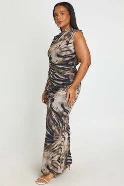 boohoo Robe Maxi Asymétrique En Mesh Imprimé Grande Taille<Femme Robes|Robes De Soirée