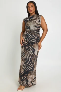 boohoo Robe Maxi Asymétrique En Mesh Imprimé Grande Taille<Femme Robes|Robes De Soirée