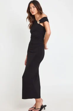 Robe Maxi Asymétrique À Une Épaule En Tissu Slinky Double Couche Avec Détails Dorés Et Fronces