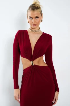 boohoo Robe maxi avec détails de garniture et découpes<Femme Robes Moulantes|Robes À Manches Longues