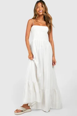 Robe maxi bandeau rayée à effet lin et froncé