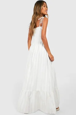 Robe maxi bandeau rayée à effet lin et froncé
