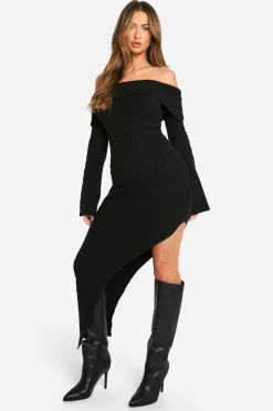 Robe Maxi Bardot en câble doux et ourlet asymétrique