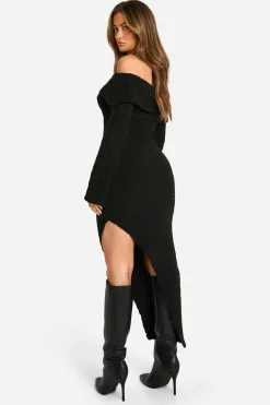 Robe Maxi Bardot en câble doux et ourlet asymétrique