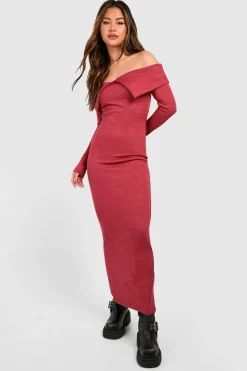 boohoo Robe maxi Bardot en jersey côtelé épais à manches longues<Femme Robes Moulantes|Robes À Manches Longues
