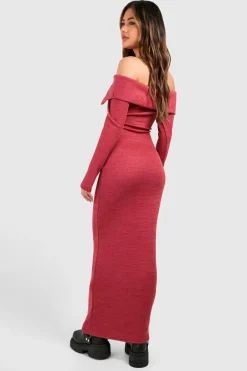 boohoo Robe maxi Bardot en jersey côtelé épais à manches longues<Femme Robes Moulantes|Robes À Manches Longues