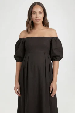 boohoo Robe Maxi Bardot En Lin À Manches Bouffantes De Maternité<Femme Toutes Les Robes|Robes Longues