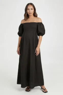 boohoo Robe Maxi Bardot En Lin À Manches Bouffantes De Maternité<Femme Toutes Les Robes|Robes Longues