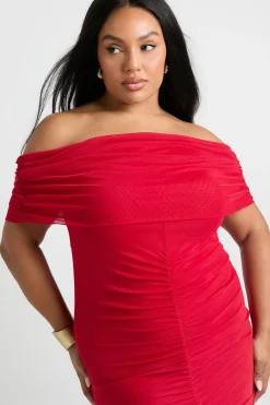 boohoo Robe Maxi Bardot Froncée en Mesh Plus<Femme Robes Moulantes|Robes