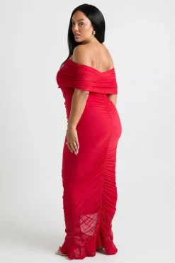 boohoo Robe Maxi Bardot Froncée en Mesh Plus<Femme Robes Moulantes|Robes