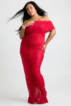 boohoo Robe Maxi Bardot Froncée en Mesh Plus<Femme Robes Moulantes|Robes