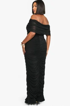 boohoo ROBE MAXI BARDOT À FRONCÉS EN MESH PLUS<Femme Robes Moulantes|Robes