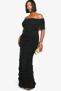 boohoo ROBE MAXI BARDOT À FRONCÉS EN MESH PLUS<Femme Robes Moulantes|Robes