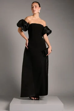 Robe Maxi Bardot à Manches Bouffantes Sans Bretelles avec Détail Dos Jupe Ample