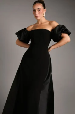Robe Maxi Bardot à Manches Bouffantes Sans Bretelles avec Détail Dos Jupe Ample