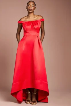 Robe Maxi Bardot Évasée à Ourlet Asymétrique