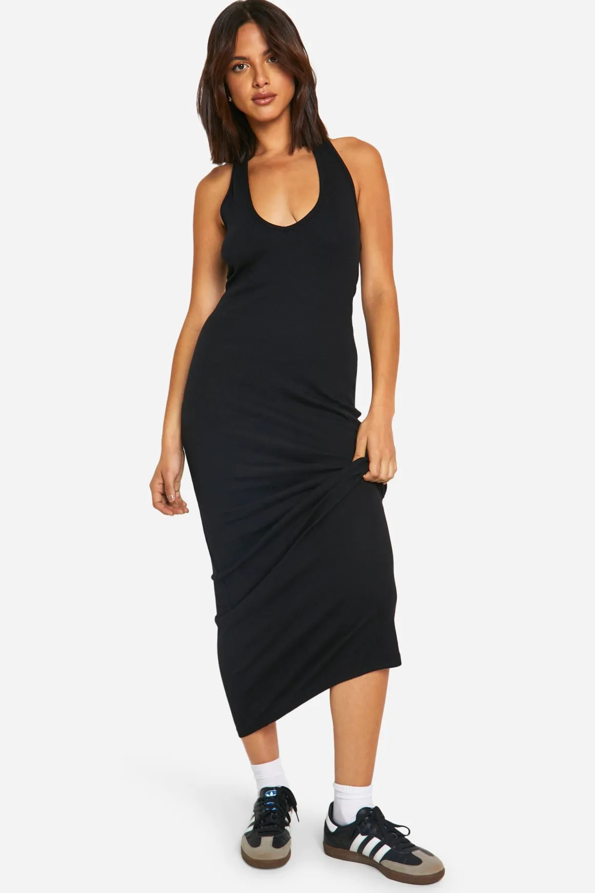Robe Maxi Basique en Jersey Côtelé à Encolure Plongeante et Bretelles Style Halter