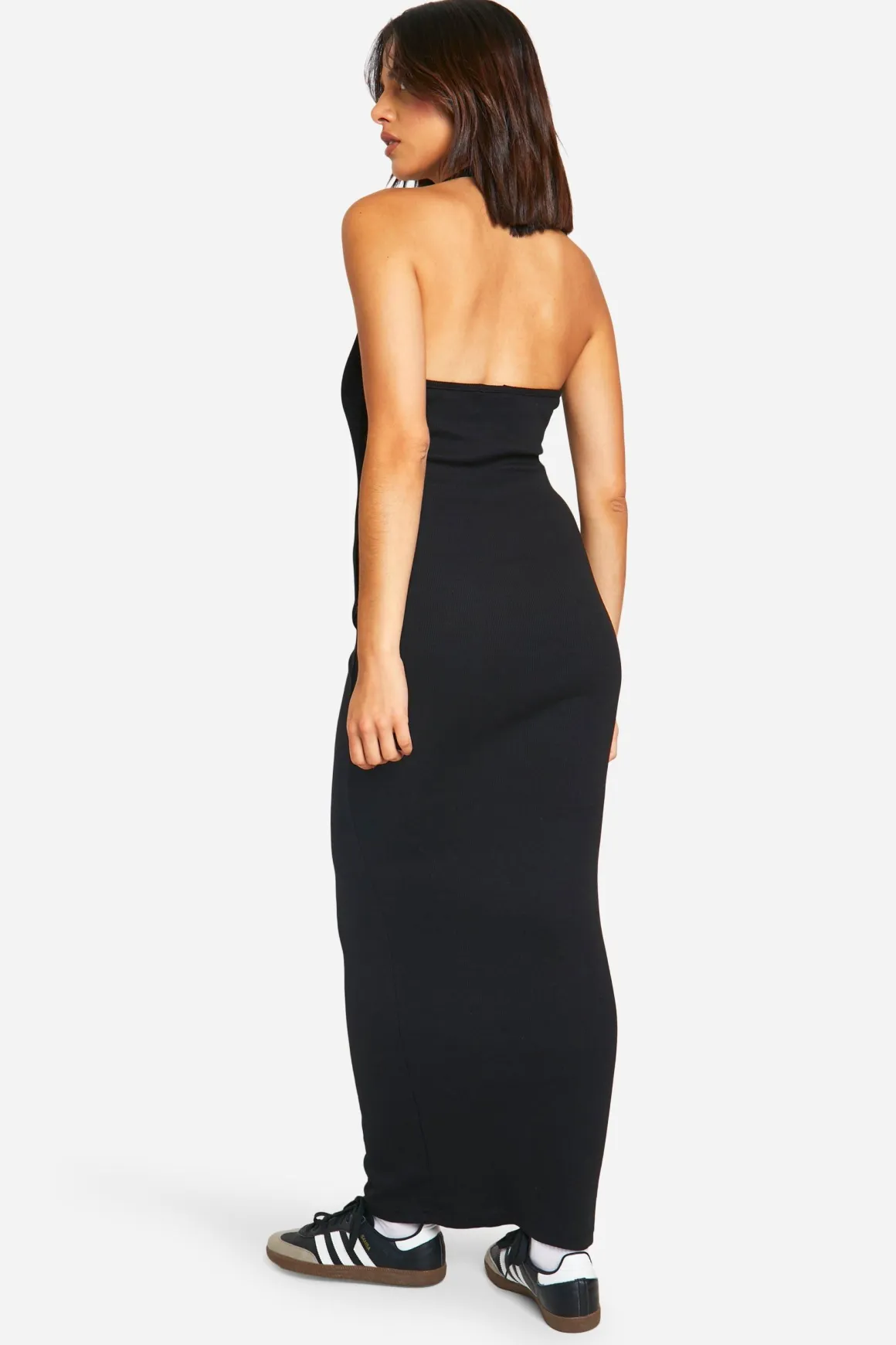 Robe Maxi Basique en Jersey Côtelé à Encolure Plongeante et Bretelles Style Halter