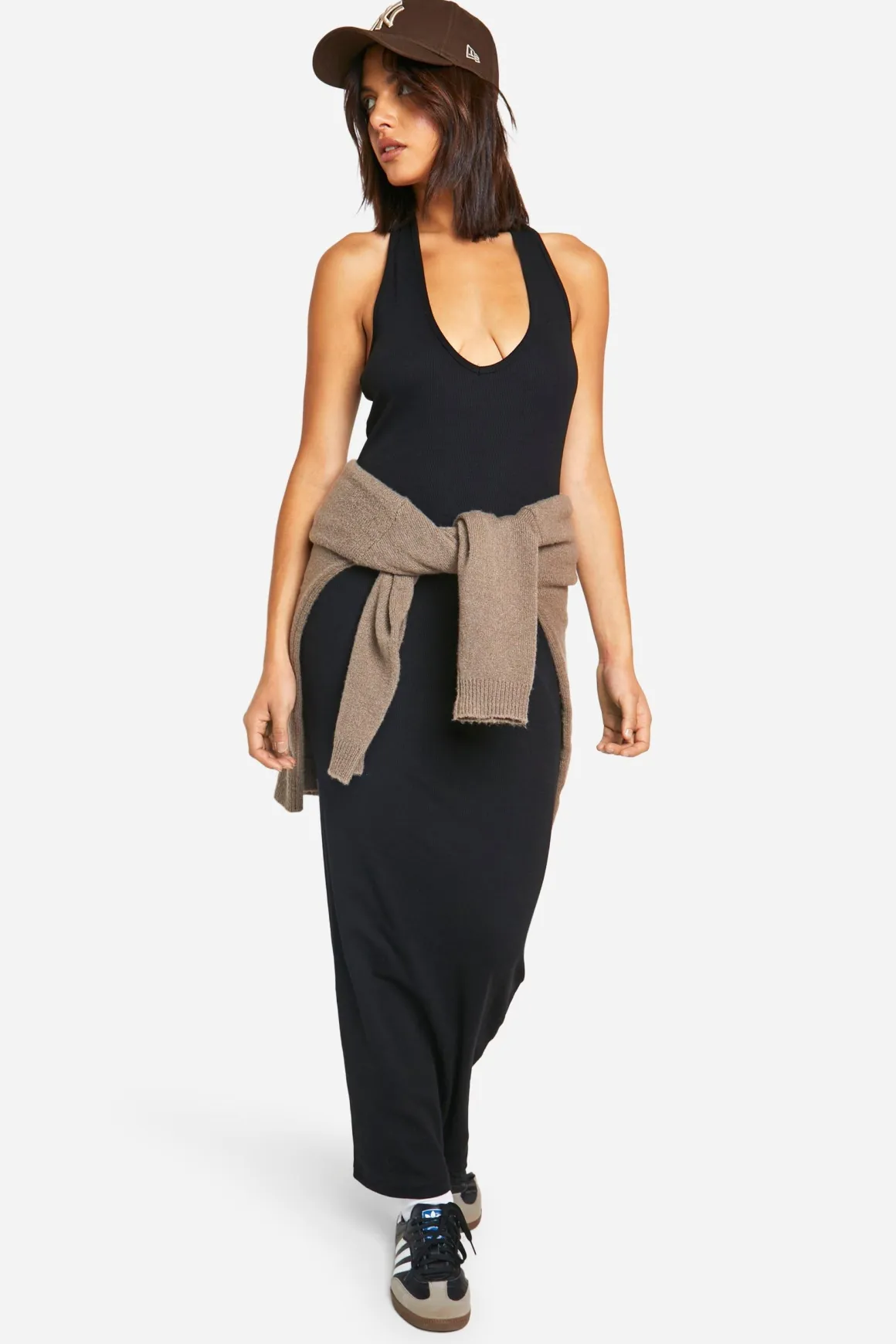 Robe Maxi Basique en Jersey Côtelé à Encolure Plongeante et Bretelles Style Halter