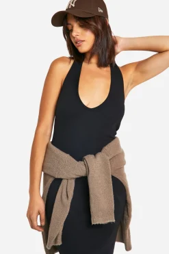 Robe Maxi Basique en Jersey Côtelé à Encolure Plongeante et Bretelles Style Halter