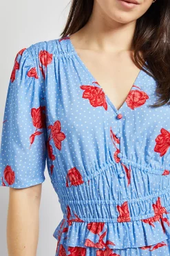 Robe Maxi Bleue à Motifs Floraux avec Corsage Froncé et Détails Boutonnés Style Empire