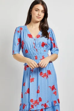 Robe Maxi Bleue à Motifs Floraux avec Corsage Froncé et Détails Boutonnés Style Empire
