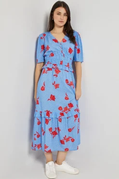 Robe Maxi Bleue à Motifs Floraux avec Corsage Froncé et Détails Boutonnés Style Empire
