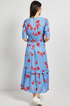 Robe Maxi Bleue à Motifs Floraux avec Corsage Froncé et Détails Boutonnés Style Empire