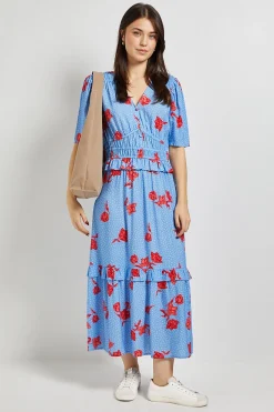 Robe Maxi Bleue à Motifs Floraux avec Corsage Froncé et Détails Boutonnés Style Empire