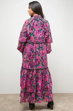 Robe Maxi Bohème Imprimée à Détail Cape et Finitions Dentelle
