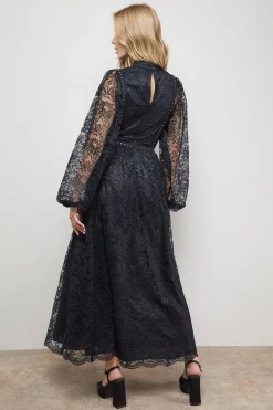 Robe Maxi Bohème à Manches Longues avec Bordure en Dentelle et Bords Festonnés